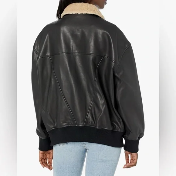 Hudson Womens Oversized Faux Leather Bomber Jacket Medium Black Shearling Edgy - Picture 2 of 15